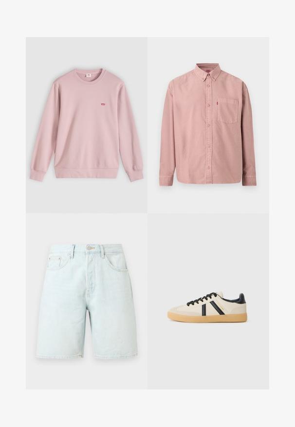 Sweat-shirt à col rond rose clair avec manches longues et petit logo Levi’s rouge sur la poitrine gauche, présenté sur un fond clair et plat.; Chemise rose à manches longues avec boutons, poche avant et col boutonné, présentée sur un fond uni.; Shorts en jean bleu clair avec boutons à l'avant, fermeture éclair, passants pour ceinture et deux poches, présentés sur un fond uni.; Baskets décontractées en crème avec des rayures noires, présentant un dessus texturé et une semelle en caoutchouc. Les lacets sont noirs. Logo discret sur le côté.