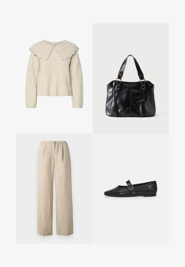 Cremefarvet sweater med en bølgekantet krave og sølvperle detaljer. Lavet af tekstureret, blødt stof. Har lange ærmer og en afslappet pasform.; Beige, vide bukser lavet af blødt stof med en indsamlet elastisk talje og en frontknaplukning. Glat tekstur med læg.; Sorte læder flade sko med rund tå, et enkelt justerbart spænde og en glat, blank overflade. Minimalistisk design med en lav hæl.; Sort læder skuldertaske med dobbelte stropper fastgjort med gyldne ringe og nitter, glat og let skinnende overflade, enkelt design.