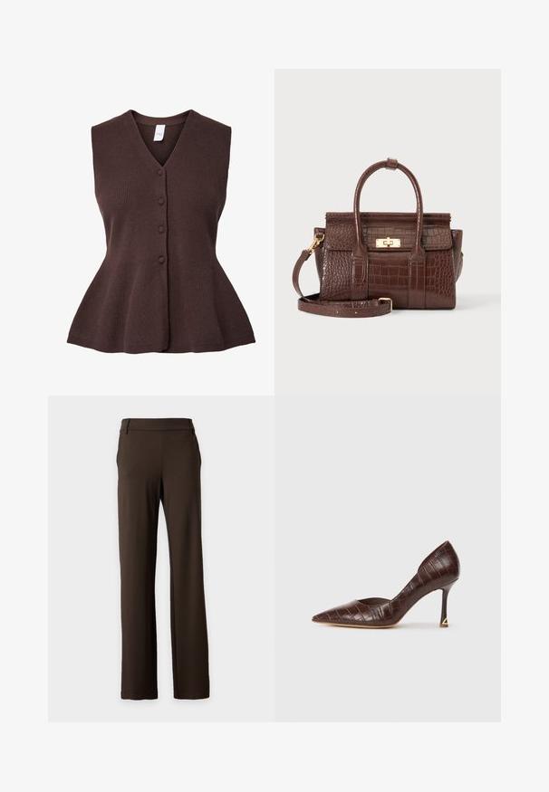 Gilet en tricot marron sans manches avec col en V et quatre boutons sur le devant, s'évasant légèrement à la taille.; Pantalon marron foncé droit avec passants de ceinture, poches latérales et un design avant épuré sur un fond clair uni.; Chaussure à talon haut en cuir embossé crocodile marron avec un bout pointu et un talon fin, ornée d'un accent triangulaire doré.; Sac à main marron foncé à texture crocodile avec fermoir doré, deux poignées et bandoulière amovible sur fond blanc uni.