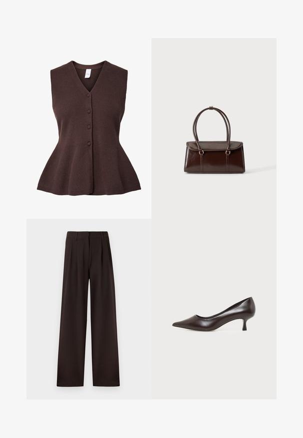 Gilet en tricot marron sans manches avec col en V et quatre boutons sur le devant, s'évasant légèrement à la taille.; Pantalon marron foncé à jambes larges avec plis et passants pour ceinture, doté d'une fermeture éclair avant et d'un ourlet net sur un fond uni.; Escarpin en cuir marron foncé à bout pointu avec petit talon incurvé sur fond blanc.; Sac à main en cuir brillant marron foncé avec un corps rectangulaire structuré et deux longues anses arrondies sur un fond clair uni.