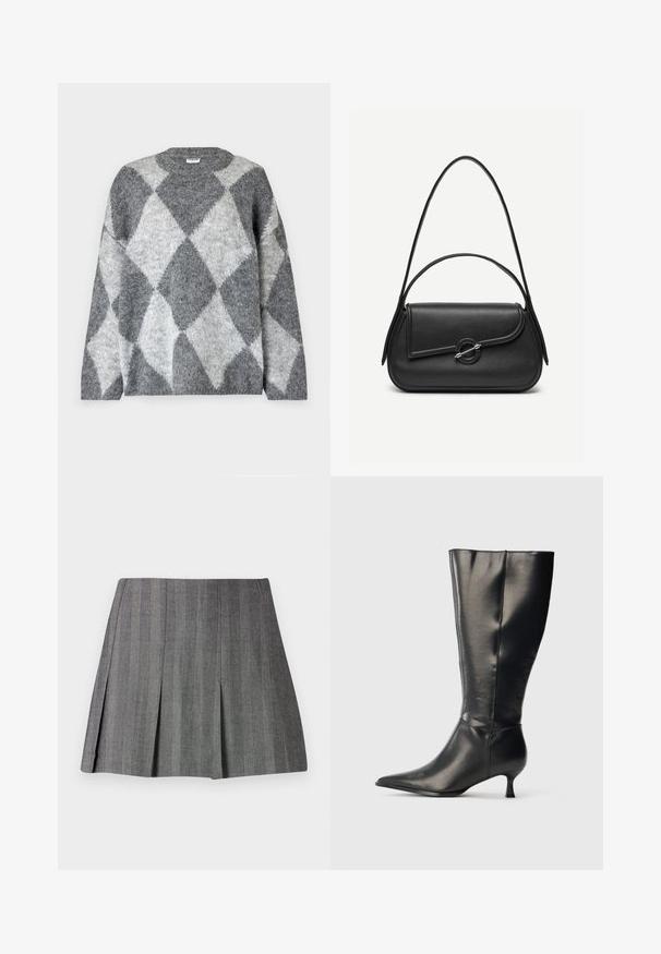 Noisy May NMSUTTON - Svetrík - dark grey melange; Sivá plisovaná sukňa z textúrneho materiálu s vertikálnymi prúžkami, s priliehavým pásom a strihom do A.; Čierna kožená čižma po kolená so špicatou špičkou a nízkym podpätkom typu kitten, zobrazená na jednoduchom svetlom pozadí.; Čierna kožená kabelka s zaoblenými hranami, asymetrickým klopou, kovovou okrúhlou zapínacou sponou a krátkymi aj dlhými ramennými popruhmi.