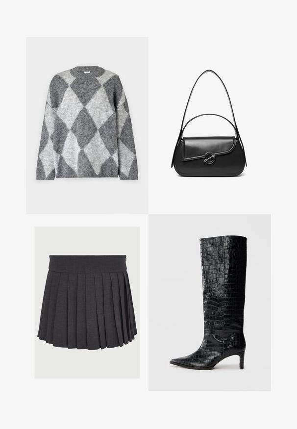 Noisy May NMSUTTON - Svetrík - dark grey melange; Sivá plisovaná sukňa s rovnou pásovkou a zipsom, vyrobená z textúrovanej tkaniny, s rovnomerne rozmiestnenými hlbokými plisami.; Čierne čižmy po kolená s lesklým krokodílím vzorom, špicatou špičkou a zužujúcim sa opätkom. Hladký syntetický materiál.; Čierna kožená kabelka cez rameno s zakriveným chlopňovým uzáverom, ktorý je zabezpečený okrúhlym kovovým zapínaním a úzkym, nastaviteľným remienkom.