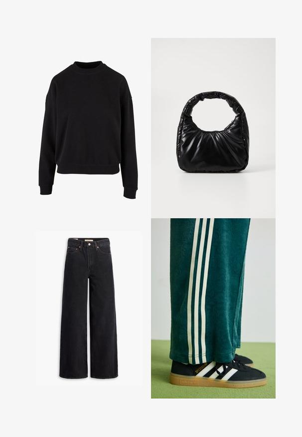 Sort sweatshirt lavet af blødt bomuld, har rundt halsudskæring, sænkede skuldre og ribbede manchetter med en afslappet pasform.; Sorte brede benjeans lavet af denim, med fem lommer, kobbernitter og en klassisk knaplukning. Glat tekstur med et rent design.; Grønne teksturerede bukser med hvide sidelince, parret med sorte Adidas sneakers med tre hvide striber og en gummisål.; Sort polstret håndtaske med et rundt håndtag, der har en glat, skinnende overflade og en blød, kviltet tekstur. Ingen synlige hardware eller accenter.