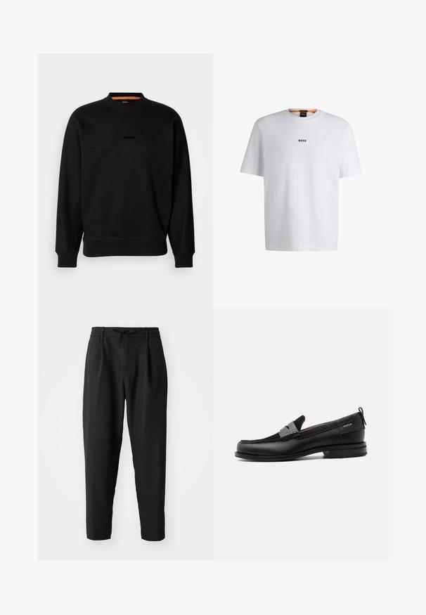 Mustan puuvillaneuleen sweatshirt, jossa on crew-neck-kaulus, vaakasuora sauma ja hienovarainen kohokirjailtu logo. Ribbauskudokset hihansuissa ja helmassa antavat rakennetta.; Valkoinen puuvillapaita lyhyillä hihoilla, jossa on musta "BOSS"-logo keskellä rintaa ja pyöreä pääntie.; Mustat kapenevat housut, joissa on joustava vyötärö ja nyöri. Sujuva kangas, jossa on kevyt rakenne, sekä laskokset ja sivutaskut.; Musta nahkalesti harmaalla remmikoristeella, matala korko ja teksturoitu pohja, sivustalla kullanvärisellä "HUGO"-brändillä.
