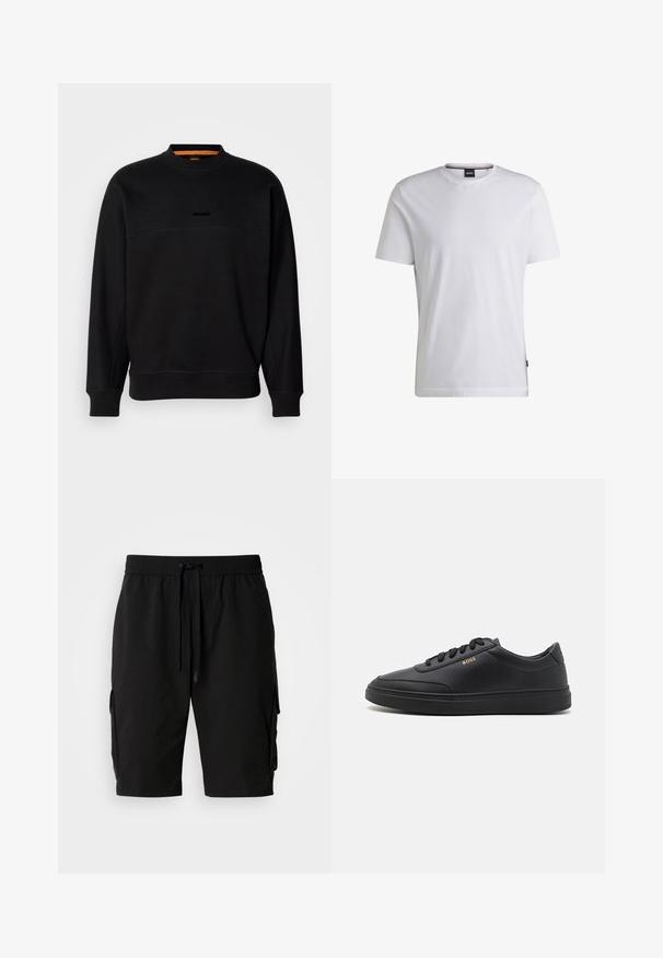 Mustan puuvillaneuleen sweatshirt, jossa on crew-neck-kaulus, vaakasuora sauma ja hienovarainen kohokirjailtu logo. Ribbauskudokset hihansuissa ja helmassa antavat rakennetta.; Valkoinen lyhythihainen T-paita, joka on valmistettu puuvillasta. Omistaa pyöreän kaula-aukon ja huomaamattoman bränditaggin sivussa. Tasainen pinta ja yksinkertainen muotoilu.; Mustat cargo-shortsit, jotka on valmistettu kevyestä kankaasta, sisältävät elastisen vyötärönauhan, nyörin ja sivutaskut lisäsäilytystä varten.; Mustat nahkakengät, joissa on sileä pinta, pyöreä varvas, litteä kumipohja ja sävy säikeet. Sivussa kultainen "BOSS" -brändäys.