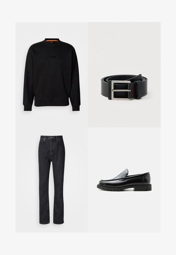 Sort bomulds sweatshirt med rund hals, der har en horisontal søm og en subtil præget logo. Ribmede manchetter og kant giver struktur.; Høj talje sorte denim jeans med knap- og lynlåsåbning, for- og baglommer samt lige ben.; Sort læderloafer med chunky gummisål, syet overdel og præget mærkenavn på hælen, vist i sideprofil på hvid baggrund.; Sort læderbælte rullet sammen med en sølvfarvet rektangulær metalspænde og røde syninger nær spændeløkken.