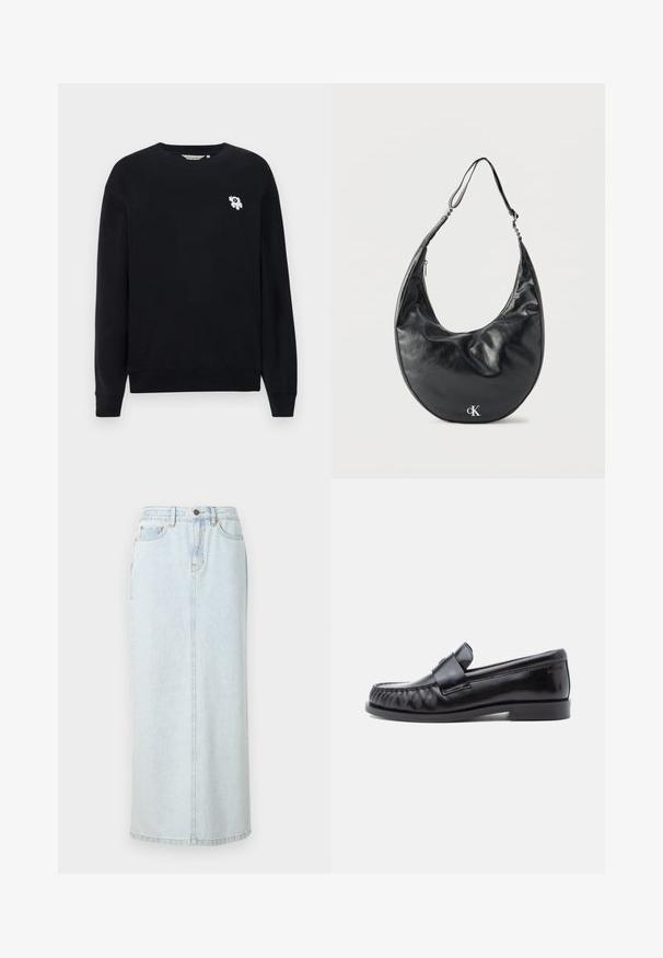 Sort sweatshirt lavet af bomuld. Har lange ærmer, en rund halsudskæring og en lille hvid blomsterbroderi på venstre bryst.; Lyseblå denim maxi-nederdel med lige design, frontknaplukning og synlige syninger. Har to frontlommer.; Sorte læderloafers med rundet tå, karakteristisk syning og en dekorativ rem over vampen. Glat finish og lav hæl.; Sort læder skuldertaske i halvmåneform med justerbar rem og sølvfarvet "cK"-logo foran, mod hvid baggrund.
