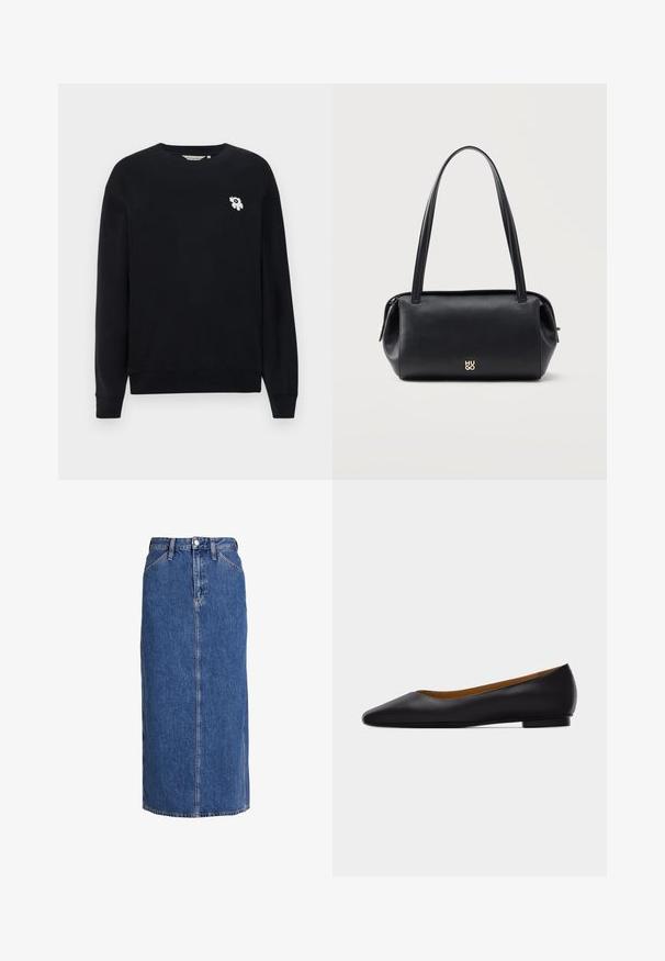 Schwarzes Sweatshirt aus Baumwolle. Hat lange Ärmel, einen runden Ausschnitt und eine kleine weiße Blumenstickerei auf der linken Brust.; Denim-Midirock in Mittelblau mit geradem Schnitt, vorderem Knopfverschluss, zwei Seitentaschen und sichtbaren Nähten für Textur.; Schwarzer flacher Schuh aus Leder mit spitz zulaufender Vorderkappe, niedrigem Absatz und glatter Oberfläche, von der Seite vor einem hellgrauen Hintergrund dargestellt.; Schwarze rechteckige Lederschultertasche mit langen Trägern und kleinem goldfarbenem "HUGO"-Logo vorne in der Mitte.