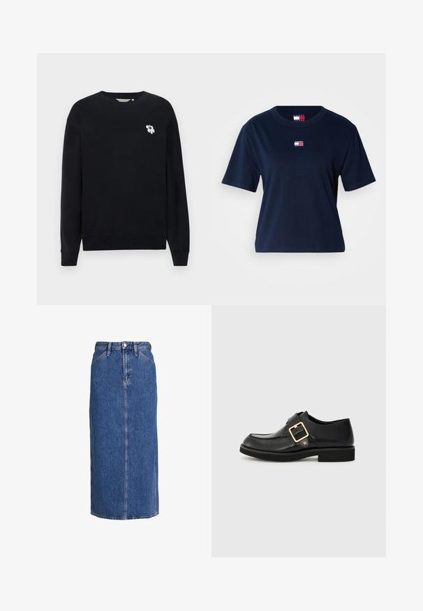 Schwarzes Sweatshirt aus Baumwolle. Hat lange Ärmel, einen runden Ausschnitt und eine kleine weiße Blumenstickerei auf der linken Brust.; Marineblaues kurzärmeliges Cropped-T-Shirt mit kleinem Tommy Jeans Logo, zentriert nahe dem Ausschnitt.; Denim-Midirock in Mittelblau mit geradem Schnitt, vorderem Knopfverschluss, zwei Seitentaschen und sichtbaren Nähten für Textur.; Schwarzer Lederschuh mit runder Spitze, ausgestattet mit einer goldenen Schnalle und einer flachen Gummisohle. Glatte Textur mit dezenten Nähdetails.