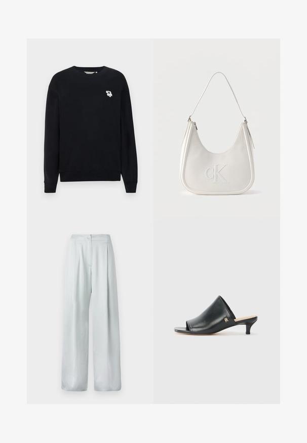 Schwarzes Sweatshirt aus Baumwolle. Hat lange Ärmel, einen runden Ausschnitt und eine kleine weiße Blumenstickerei auf der linken Brust.; Helle graue, weit geschnittene Hose aus glattem Material, mit einem Knopfverschluss vorne und Falten-Design für zusätzliche Details.; Schwarze Leder-Pantoletten mit offenen Zehen und niedrigem Absatz. Sie verfügen über eine glatte Oberfläche und ein goldenes Logo-Detail an der Seite.; Weiße Leder-Umhängetasche mit Reißverschluss, geschwungener Form und erhabenem, auf der Vorderseite geprägtem CK-Logo.