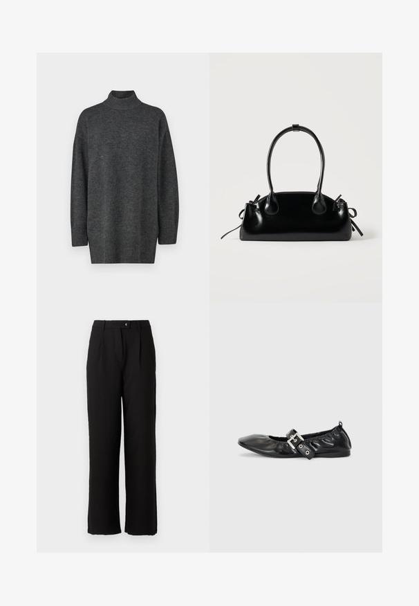 Mørkegrå, oversized turtleneck sweater lavet af blødt strikkemateriale med lange ærmer og ribbet kant; glat tekstur, minimalistisk design.; Sorte bukser lavet af et glat stof, med en lige ben design, frontfolder og en standard knaplukning i taljen.; Sorte læder flade sko med spids tå, samling detaljer omkring åbningen, og en sølv spænde accent på den justerbare rem.; Lille sort blank håndtaske med to lange håndtag og snøre-detaljer i siden på en ensfarvet lys baggrund.