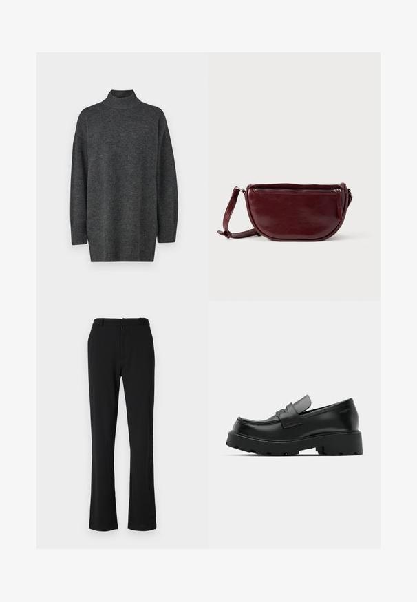 Mørkegrå, oversized turtleneck sweater lavet af blødt strikkemateriale med lange ærmer og ribbet kant; glat tekstur, minimalistisk design.; Sort, flagrende bukser med en glat tekstur, der har en flad front, bæltestropper og en lynlås-lukning. Designet til en skræddersyet pasform.; Sorte læder loafers med en chunky tekstureret sål, der har en rem over vamps og en glat, poleret finish.; Vinrød læderhåndtaske med halvmåneform, lynlås og aftagelig rem. Glat tekstur med en subtil glans.