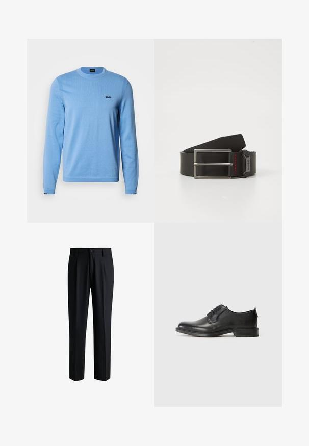 Pull bleu clair en tissu tricoté doux, avec un col rond, des manches longues et un petit logo noir sur la poitrine.; Pantalons noirs en tissu lisse, avec une coupe droite, des plis à l'avant et une fermeture à bouton avec passants de ceinture.; Chaussure de ville pour homme en cuir noir à lacets, avec un petit talon et une finition lisse, présentée en profil latéral sur un fond clair et uni.; Ceinture en cuir noir avec une boucle en métal argenté ornée d'une surpiqûre rouge. La ceinture présente une finition lisse et une forme rectangulaire.