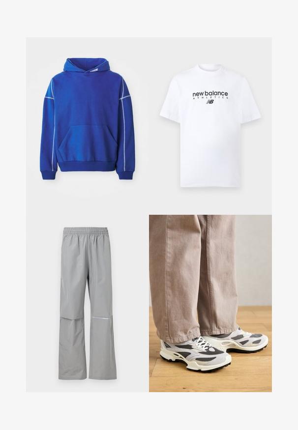 Blå hættetrøje lavet af blødt stof, med kængurulomme, snoretræk ved hætten og kontrasterende lyseblå syninger langs sømmene.; Hvid bomuld t-shirt med rund hals, med en sort "new balance"-logo og teksten "ATHLETICS" centreret på fronten. Korte ærmer, standard pasform.; Lysegrå vandtætte regnbukser med elastisk talje og refleksstribe på højre ben, designet til udendørs brug.; En person iført beige bredbukser og grå-hvide sportsko står på et trægulv.
