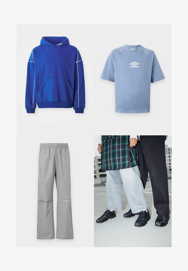 Blå hættetrøje lavet af blødt stof, med kængurulomme, snoretræk ved hætten og kontrasterende lyseblå syninger langs sømmene.; Lyseblå T-shirt med korte ærmer og rund halsudskæring, med hvid Umbro-logo centreret på brystet mod en ensfarvet baggrund.; Lysegrå vandtætte regnbukser med elastisk talje og refleksstribe på højre ben, designet til udendørs brug.; Sorte atletik sko med mesh- og gummidetaljer. Båret med lysegrå vide jeans og en ternet grøn bluse. Flad overflade i baggrunden.