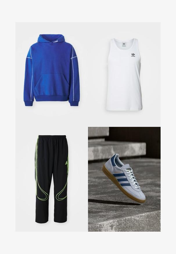 Sudadera azul hecha de tela suave, con un bolsillo tipo canguro, capucha con cordón y costuras en contraste en azul claro a lo largo de las costuras.; Top sin mangas blanco con canalé y escote redondo, logo negro de Adidas en el lado izquierdo del pecho. Material de algodón suave, corte casual.; Pantalones deportivos Adidas negros con líneas curvas en verde neón y tres franjas en los laterales, cinturilla elástica y logo de Adidas en el muslo delantero.; Zapatilla Adidas Spezial azul claro con rayas azul marino y suela de goma, mostrada en el aire sobre escalones de hormigón en un entorno exterior neutral.