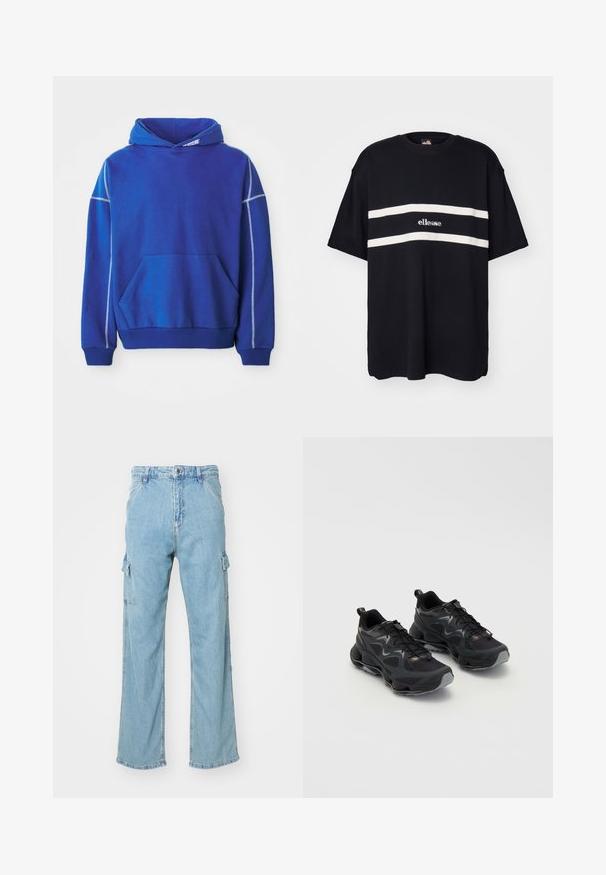 Blauer Hoodie aus weichem Stoff, mit einer Kängurutasche, Kapuze mit Zugband und kontrastierenden hellblauen Nähten entlang der Nähte.; Schwarzes Baumwoll-T-Shirt mit zwei horizontalen weißen Streifen und einem kleinen "ellesse"-Logo in der Mitte. Kurze Ärmel und eine lässige Passform.; Helle blaue Denim-Cargohosen mit weitem Bein, ausgestattet mit zwei seitlichen Cargotaschen und einem klassischen Knopfverschluss. Strukturierter Stoff mit ausgewaschenem Finish.; Schwarze Sportschuhe mit einem strukturierten Mesh-Obermaterial, ausgestattet mit einer dicken Sohle, Schnürverschluss und dezenten grauen Akzenten.