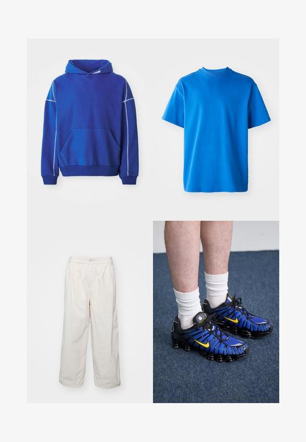 Blå hættetrøje lavet af blødt stof, med kængurulomme, snoretræk ved hætten og kontrasterende lyseblå syninger langs sømmene.; Blå bomulds T-shirt med rund hals, korte ærmer og en afslappet pasform. Glat tekstur og enkelt design uden mønstre eller accenter.; Hvide bomulds bukser med brede ben og elastisk talje, med en frontknaplukning og sidelommer. Glat tekstur og minimalistisk design.; Blå og sorte sportssko har et mesh-design, gule accenter og en segmenteret sål. Bæres med hvide ankelstrømper.