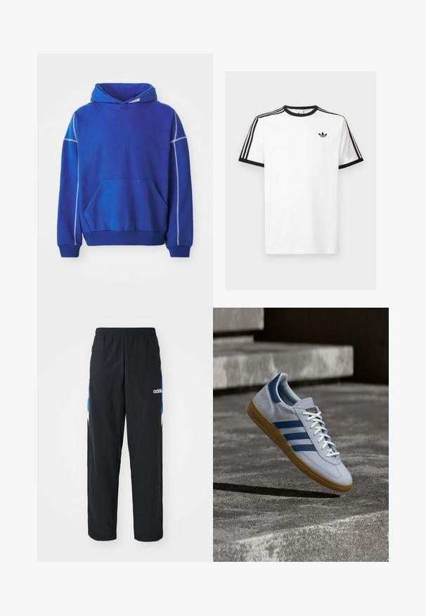 Blauer Hoodie aus weichem Stoff, mit einer Kängurutasche, Kapuze mit Zugband und kontrastierenden hellblauen Nähten entlang der Nähte.; Weißes Baumwoll-T-Shirt mit schwarzem Rippenkragen und Ärmeln, mit drei schwarzen Streifen auf jeder Schulter und einem kleinen Logo auf der Brust.; Schwarze Sporthose mit elastischem Bund, ausgestattet mit blauen und weißen grafischen Akzenten an den Seiten und einem gestickten Logo.; Hellblauer Adidas Spezial Sneaker mit dunkelblauen Streifen und Gummisohle, in der Luft über Betontreppen in neutralem Außenbereich gezeigt.