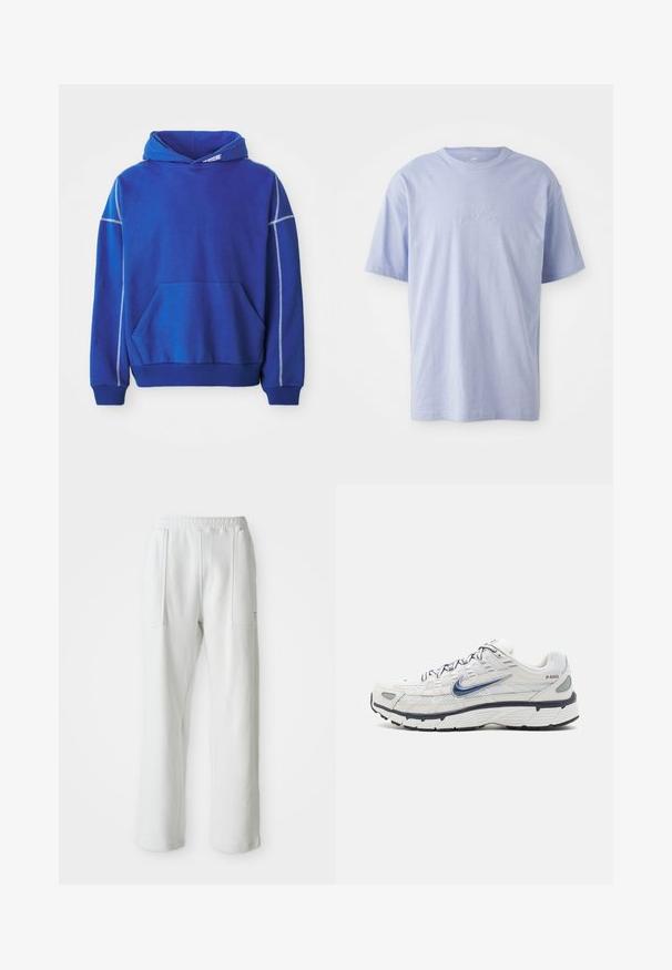 Blå hættetrøje lavet af blødt stof, med kængurulomme, snoretræk ved hætten og kontrasterende lyseblå syninger langs sømmene.; Lysblå bomulds T-shirt med rund halsudskæring og korte ærmer. Har et præget "nike" logo i midten foran. Blød tekstur.; Hvide afslappede bukser med en elastisk talje og store forreste lommer, vist på en ensfarvet lys baggrund.; Nike Sportswear P 6000 - Sneakers - phantom/obsidian/summit white/white/black/metallic silver