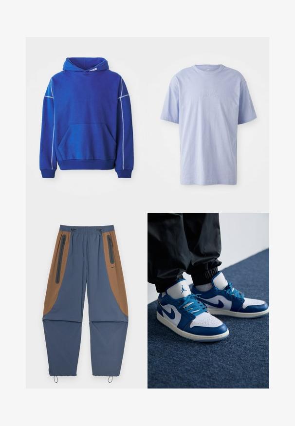 Sudadera azul hecha de tela suave, con un bolsillo tipo canguro, capucha con cordón y costuras en contraste en azul claro a lo largo de las costuras.; Camiseta de algodón azul claro con escote redondo y mangas cortas. Presenta un logo "nike" en relieve en el centro del frente. Textura suave.; Pantalones deportivos en color azul marino y marrón con una cintura elástica, bolsillos laterales con cremallera y cordones ajustables en los puños. Textura suave.; Las zapatillas Nike Air Jordan cuentan con una base de cuero blanco con acentos sintéticos azules, una caja de dedos perforada y cordones azules.