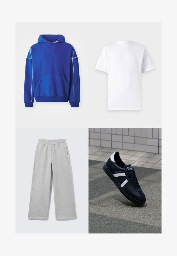 Blauwe hoodie van zacht materiaal, met een kangoeroezak, een capuchon met koord en contrasterende lichtblauwe stiksels langs de naden.; Witte T-shirt met korte mouwen, gemaakt van katoen, met een ronde hals. Het heeft een gladde textuur en een eenvoudig ontwerp zonder patronen of accenten.; Lichtgrijze sweatpants met wijde pijpen, elastische tailleband en zijzakken, weergegeven op een effen achtergrond.; Zwarte leren sneaker met witte strepen, een gestructureerde rubberen zool en vetersluiting aan de voorkant. Voorzien van een merklabel op de tong.