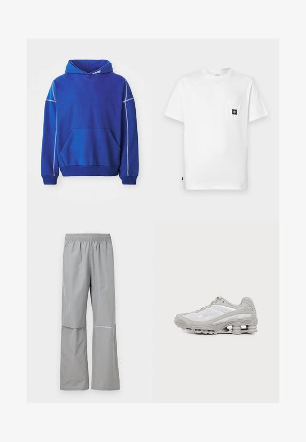 Blauwe hoodie van zacht materiaal, met een kangoeroezak, een capuchon met koord en contrasterende lichtblauwe stiksels langs de naden.; Witte katoenen T-shirt met een ronde hals, korte mouwen en een borstzakje met een zwarte logo-patch. Gladde textuur, losse pasvorm.; Lichtgrijze waterdichte regenbroek met elastische tailleband en reflecterende strip aan de rechterpijp, ontworpen voor buitengebruik.; Grijze en witte sportschoen met zichtbare luchtkussenzool en meshpanelen, in profiel weergegeven op een eenvoudige lichte achtergrond.