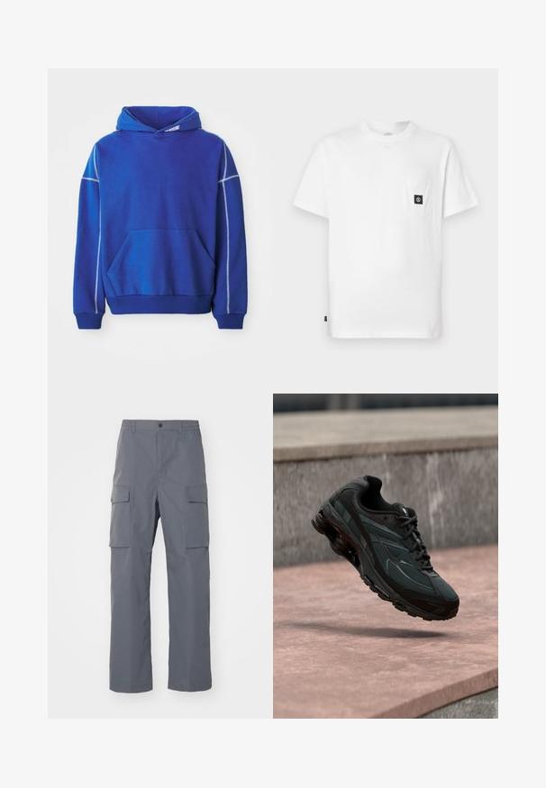 Blauer Hoodie aus weichem Stoff, mit einer Kängurutasche, Kapuze mit Zugband und kontrastierenden hellblauen Nähten entlang der Nähte.; Weißes Baumwoll-T-Shirt mit Rundhalsausschnitt, kurzen Ärmeln und einer Brusttasche mit schwarzem Logo-Patch. Glatte Textur, lockere Passform.; Grau Cargo-Hosen aus strapazierfähigem Stoff. Zu den Merkmalen gehören ein elastischer Bund, zwei große Seitentaschen und ein gerader Schnitt.; Schwarzer athletischer Sneaker mit sichtbarer Air-Cushioning-Zwischensohle, der über einer rosa Steinoberfläche mit grauer Steinmauer im Hintergrund schwebt.