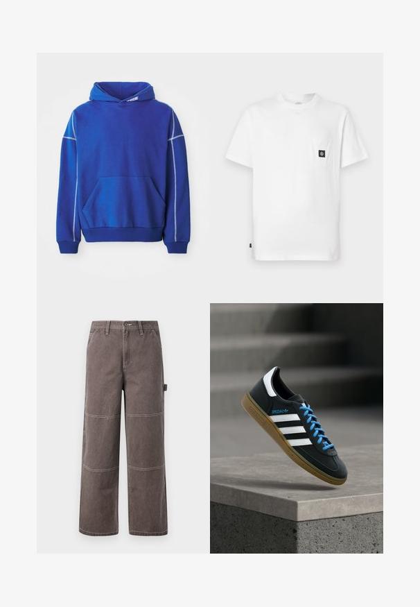 Blauwe hoodie van zacht materiaal, met een kangoeroezak, een capuchon met koord en contrasterende lichtblauwe stiksels langs de naden.; Witte katoenen T-shirt met een ronde hals, korte mouwen en een borstzakje met een zwarte logo-patch. Gladde textuur, losse pasvorm.; Wijd been broek in een vervaagde bruine kleur, gemaakt van duurzaam materiaal met contrasterende stiksels. Kenmerkt paneeldetails en een zijzak.; Zwarte Adidas-sneaker met witte strepen, blauwe veters en een gumzool die boven een grijze betonnen trede zweeft in zacht licht.