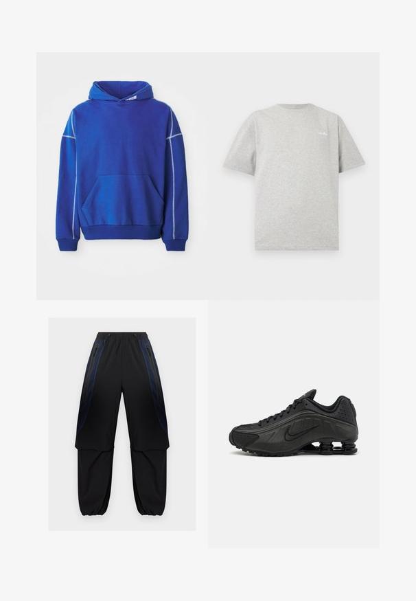 Blå hættetrøje lavet af blødt stof, med kængurulomme, snoretræk ved hætten og kontrasterende lyseblå syninger langs sømmene.; Lysegrå crewneck t-shirt med korte ærmer og lille hvidt logo på øverste venstre bryst mod hvid baggrund.; Sorte og mørkeblå cargobukser med elastisk linning og manchetter, de har lynlåslommer på siden og lagdelte stofpaneler på lårene.; Sorte løbesko med en glat syntetisk overdel, perforerede detaljer, teksturerede sidedele og en distinkt fjedrende sål.