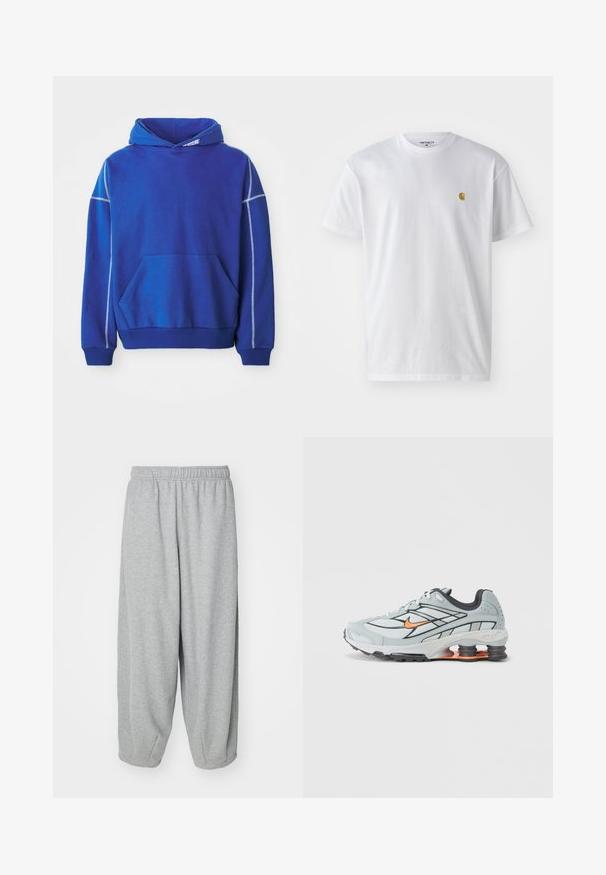 Blauwe hoodie van zacht materiaal, met een kangoeroezak, een capuchon met koord en contrasterende lichtblauwe stiksels langs de naden.; Witte katoenen t-shirt met korte mouwen en ronde hals, voorzien van een klein gouden logo op de linkerkant van de borst. Zachte textuur en een normale pasvorm.; Lichtgrijze, loszittende sweatpants gemaakt van zachte stof. Elastische tailleband en boorden bij de enkels. Eenvoudig en onversierd ontwerp.; Lichtgrijze hardloopschoen met zwarte accenten, oranje logo, bovenwerk van mesh, gevoerde kraag en rubberen zool met zichtbare schokabsorberende elementen.