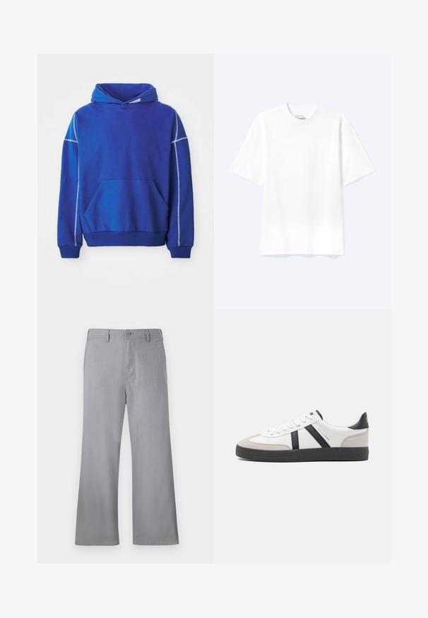 Blauer Hoodie aus weichem Stoff, mit einer Kängurutasche, Kapuze mit Zugband und kontrastierenden hellblauen Nähten entlang der Nähte.; Schlichtes weißes T-Shirt mit kurzen Ärmeln und Rundhalsausschnitt in entspannter Passform, auf hellem Hintergrund dargestellt.; Graue weite Hosen aus weichem Stoff, mit einem vorderen Knopfverschluss, Gürtelschlaufen und einem schlichten Design ohne sichtbare Muster oder Akzente.; Weiße Sneaker mit schwarz- und grau-aczenten, ausgestattet mit einer strukturierten grauen Zehenkappe, schwarzer Gummi-Sohle und flachen weißen Schnürsenkeln. Sauberes Design, minimalistische Stil.