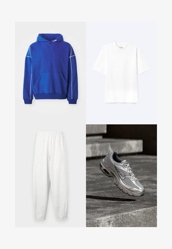 Blå hættetrøje lavet af blødt stof, med kængurulomme, snoretræk ved hætten og kontrasterende lyseblå syninger langs sømmene.; Enkel hvid T-shirt med korte ærmer og rund hals med afslappet pasform, vist på en lys baggrund.; Lyse grå sweatsbukser lavet af blødt stof, med elastisk talje, tætsiddende ben og ankelmanchetter. Simpelt design uden mønstre.; Sølv- og grå Nike-løbesko svævende i luften over betontrin, der viser detaljer af netmaterialet øverst og den polstrede sål.