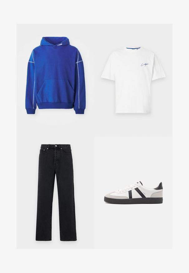Blauer Hoodie aus weichem Stoff, mit einer Kängurutasche, Kapuze mit Zugband und kontrastierenden hellblauen Nähten entlang der Nähte.; Weißes Baumwoll-T-Shirt mit Rundhalsausschnitt und kurzen Ärmeln. Mit blauer, geschwungener Schrift auf der linken Brustseite. Weicher Stoff, lässiges Design.; Schwarze Jeans mit geradem Bein und hohem Bund, fünf Taschen und Metallknopfverschluss. Der Stoff hat eine glatte Textur und einen leichten Glanz.; Weiße Sneaker mit schwarz- und grau-aczenten, ausgestattet mit einer strukturierten grauen Zehenkappe, schwarzer Gummi-Sohle und flachen weißen Schnürsenkeln. Sauberes Design, minimalistische Stil.