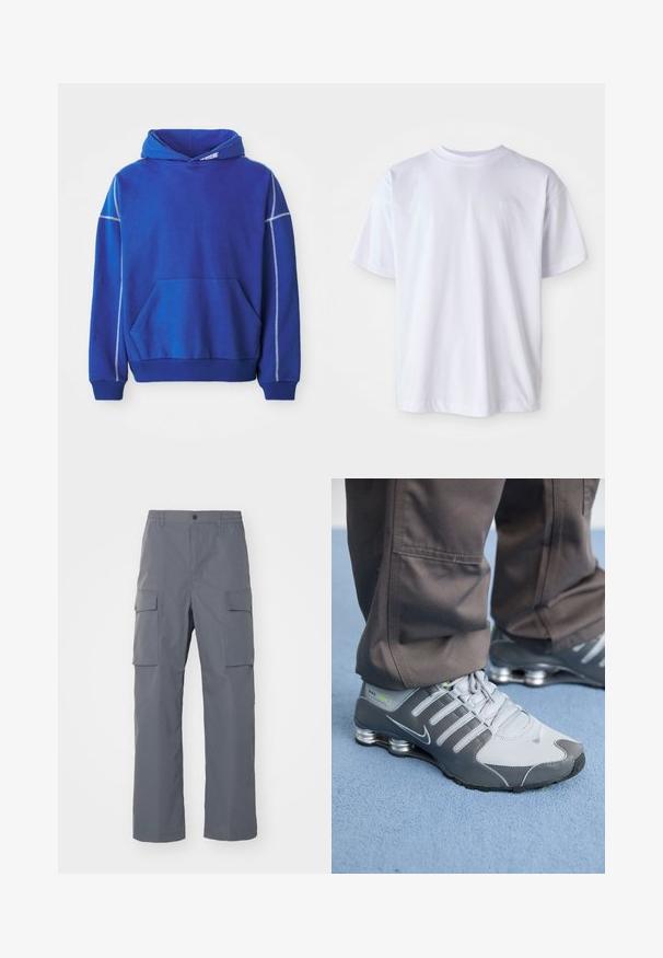 Sudadera azul hecha de tela suave, con un bolsillo tipo canguro, capucha con cordón y costuras en contraste en azul claro a lo largo de las costuras.; Camiseta blanca de algodón con cuello redondo y mangas cortas. Presenta un logo sutil bordado en un color a juego en el lado izquierdo del pecho.; Pantalones cargo grises hechos de una tela duradera. Las características incluyen una cinturilla elástica, dos grandes bolsillos laterales y un corte recto.; Las zapatillas Nike Shox en gris y plata tienen un diseño elegante, con materiales de malla y sintéticos, punta redondeada y un collar acolchado.