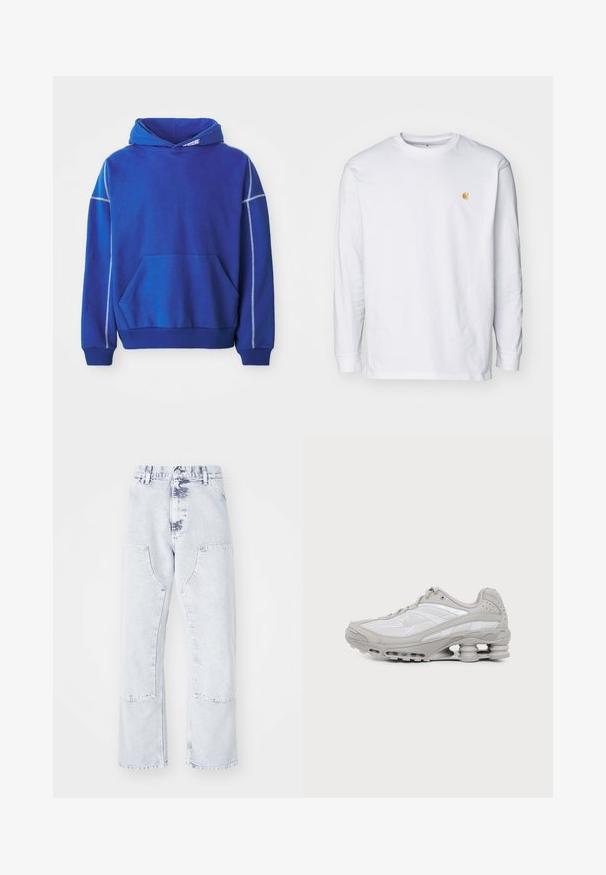 Blauer Hoodie aus weichem Stoff, mit einer Kängurutasche, Kapuze mit Zugband und kontrastierenden hellblauen Nähten entlang der Nähte.; Weißes Langarm-T-Shirt aus Baumwolle. Mit kleinem goldenem Logo auf der Brust und Rundhalsausschnitt. Einfaches Design und normale Passform.; Hellblaue Denim-Jeans im Straight-Leg-Schnitt mit aufgesetzten Taschen, hoher Taille und einem verwaschenen Finish. Mit tonalem Nähen und einem lässigen Schnitt.; Grauer und weißer Sportschuh mit sichtbarer Luftpolstersohle und Mesh-Einsätzen, im Profil auf einfachem hellem Hintergrund gezeigt.