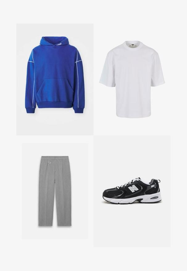 Blauwe hoodie van zacht materiaal, met een kangoeroezak, een capuchon met koord en contrasterende lichtblauwe stiksels langs de naden.; Witte, korte mouw t-shirt van katoen. Beschikt over een ronde hals en een losse pasvorm met een gladde textuur en geen zichtbare patronen of graphics.; Grijze, geplooide broek gemaakt van een gestructureerde stof. Voorzien van een karabijnhaak op de tailleband en zijzakken voor opslag.; Zwarte en grijze sport schoenen met een bovenwerk van mesh en suede, voorzien van een witte tussenzool, veters en een gedurfde "N"-logo aan de zijkant.