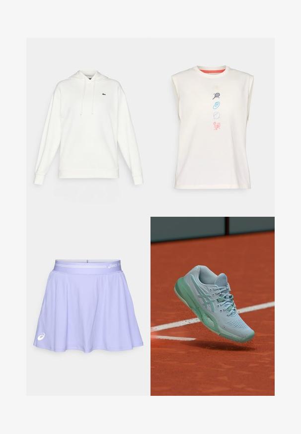 Witte hoodie gemaakt van zacht materiaal, met lange mouwen, een trekkoordkap en een klein groen logo op de borst.; Lichtcrème katoenen mouwloos T-shirt met ronde hals, voorzien van kleurrijke geborduurde iconen: schelp, tennisracket, spiraal, bal, haan.; Lichtpaarse sportrok gemaakt van rekbaar materiaal. Heeft een brede tailleband met een witte accenten en een logo op de onderkant links.; Lichtblauwe tennisschoen die kleistof opwaait op een oranje tennisbaan nabij een witte begrenzingslijn.
