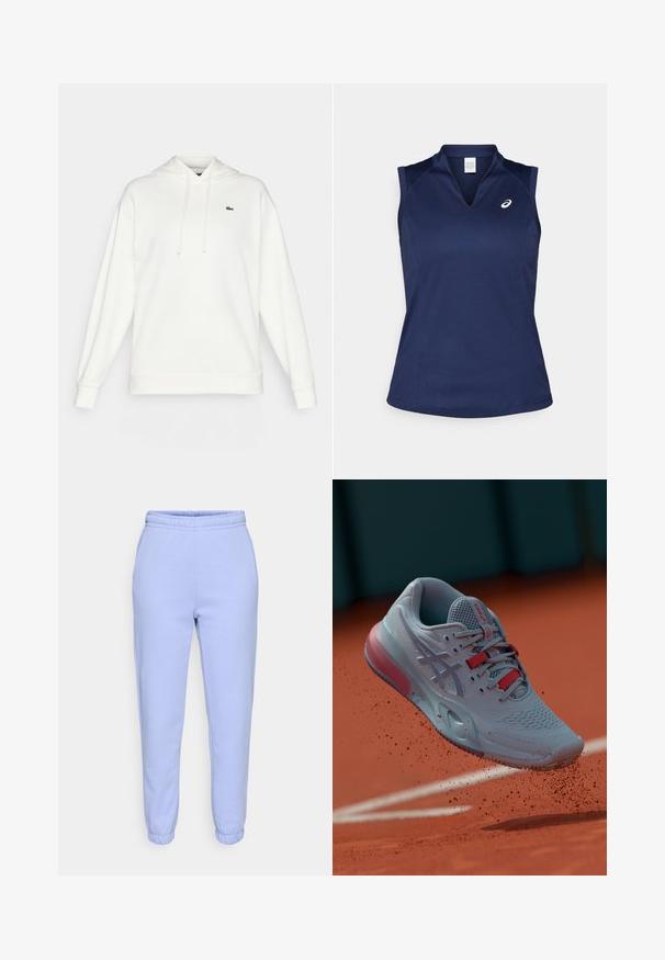 Witte hoodie gemaakt van zacht materiaal, met lange mouwen, een trekkoordkap en een klein groen logo op de borst.; Marineblauw mouwloos sporttop met een V-hals, gemaakt van glad, vochtafvoerend materiaal; beschikt over platte naden en een klein logo op de linkerkant van de borst.; Lichtblauwe joggingbroek van zachte stof, met een elastische tailleband en taps toelopende manchetten. Geen zichtbare patronen of hardware-details.; Lichtblauwe tennisschoen met een gestructureerd bovenwerk, rode accenten en een halftransparante zool, zwevend boven een gravelbaan.