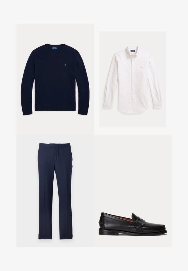 Marineblauer Pullover mit Rundhalsausschnitt und langen Ärmeln, mit gerippten Bündchen und Saum, mit einem kleinen bestickten Polo Ralph Lauren Logo auf der Brust.; Weißes langärmliges Hemd mit dünnen vertikalen Streifen und kleinem auf der Brust bestickten Logo, flach auf hellem Hintergrund dargestellt.; Marineblaue Nadelstreifen-Hosen mit schmalem, geradem Bein und aufgeschlagenen Säumen vor schlichtem Hintergrund.; Schwarzer Lederloafer mit niedrigem Absatz und Pennyriemendetail, von der Seite auf hellgrauem Hintergrund gezeigt.