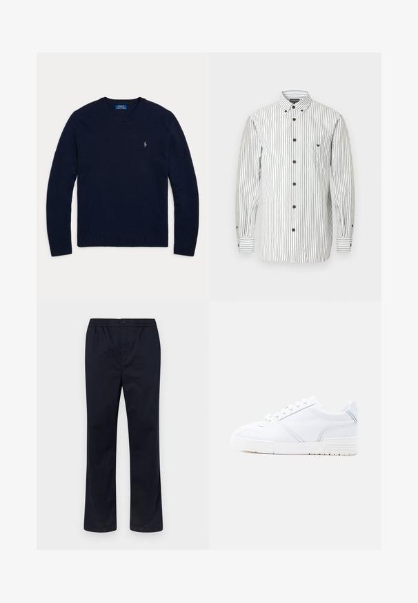 Marineblauer Pullover mit Rundhalsausschnitt und langen Ärmeln, mit gerippten Bündchen und Saum, mit einem kleinen bestickten Polo Ralph Lauren Logo auf der Brust.; Weißes Hemd mit braunen vertikalen Streifen, langen Ärmeln, einer Brusttasche und braunen Knopf-Akzenten. Glatte Stoffstruktur.; Herren-Dunkelblaue Hose mit elastischem Bund, Knopfverschluss und geradem Schnitt vor hellem, einfarbigem Hintergrund.; Weißer Sneaker mit niedrigem Schaft, Schnürverschluss, abgenähten Einsätzen und genoppter Sohle, in Seitenansicht vor einfarbigem Hintergrund gezeigt.
