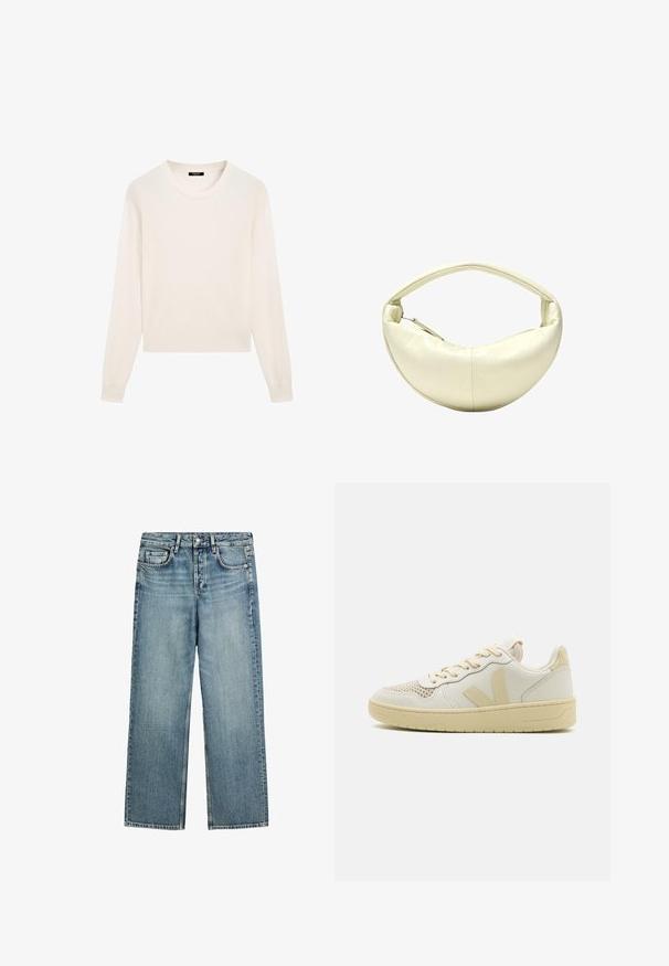 Kremfarvet sweater lavet af blødt stof med rund halsudskæring, lange ærmer og en kortet kant. Enkel og minimalistisk design.; Blå denimjeans med lige ben, knap- og lynlåslukning og klassisk femlommersdesign.; Beige low-top sneakers med en glat læderoverdel, perforeret tå for åndbarhed og matchende gummisål. Har et V-logo på siden.; Kremfarvet skuldertaske i halvmåneform med en enkelt rem og lynlåslukning i siden.