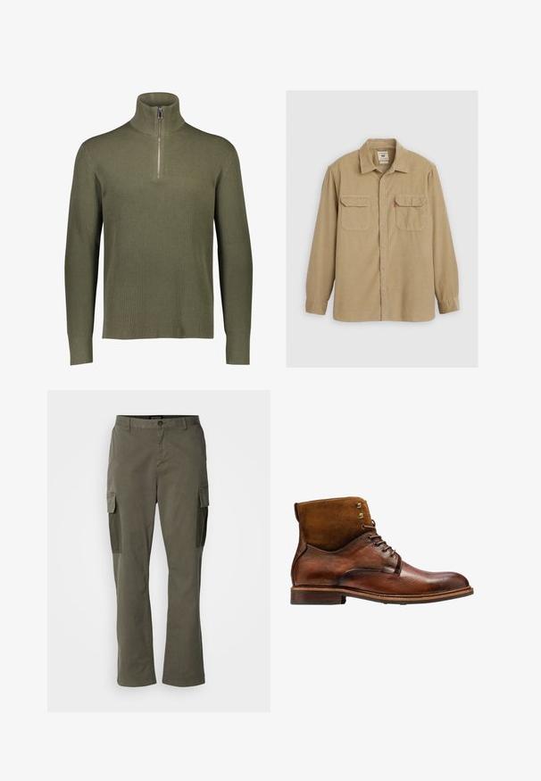 Pull en maille côtelée vert olive avec col montant et fermeture à quart de zip. Il présente des manches longues et une finition texturée.; Chemise à boutons beige en tissu texturé, avec un col, deux poches poitrine et des manches longues avec des poignets à boutons.; Pantalons cargo vert olive avec une coupe droite, dotés de poches latérales, de fermetures éclair et d'un tissu en mélange de coton pour la durabilité.; Kazar ALID - Bottines à lacets - brown