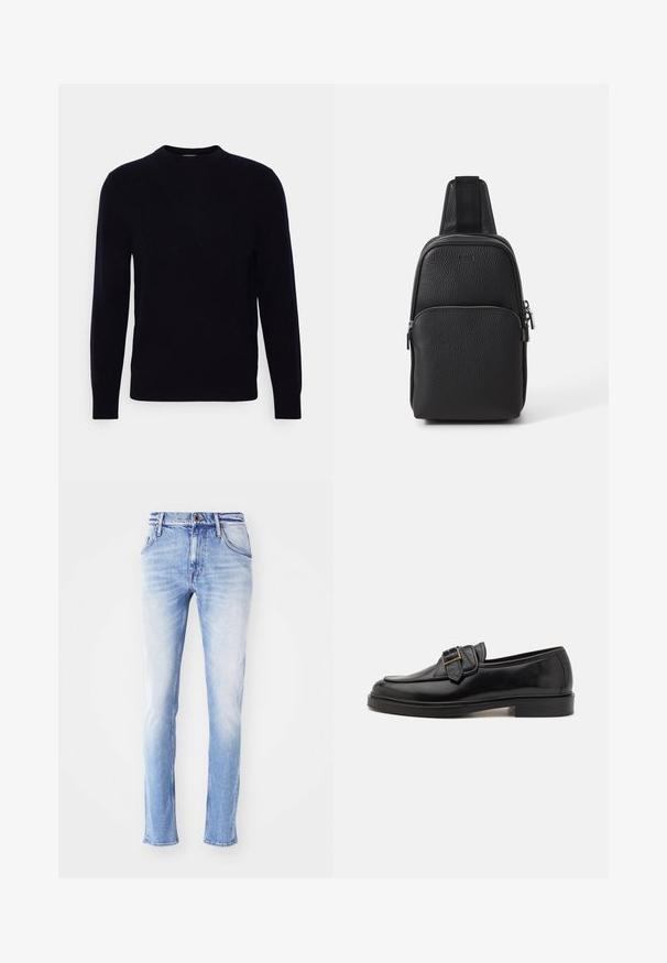 Donkerblauwe crewneck trui met lange mouwen, gemaakt van zachte stof. Heeft een gladde textuur en een klassieke pasvorm, zonder zichtbare patronen of accenten.; Lichtblauwe spijkerbroek van denim met een vervaagde afwerking, rechte pijpen, vijf zakken, riemlussen en een enkele knoopsluiting op de taille.; Zwarte leren instappers met een ronde neus en een decoratieve gesp. Platte, stevige hak en een gladde textuur overal.; BOSS NEW CROSSTOWN - Schoudertas - black