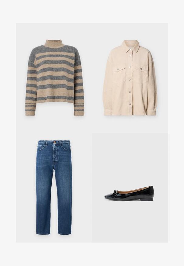 Striktrøje med striber i grå og beige farver, høj hals, brede manchetærmer og en afslappet pasform med et cropped design.; Beige kordfløjls skjorte med knapper foran, to lommer med klapper på brystet og lange ærmer, vist på en hvid baggrund.; Mørkeblå denimbukser med lige ben-design, der har lynlås, fem lommer og kontraststingdetaljer.; Sorte patenterede læderballetsko med spidse tæer, lille sløjfedetail foran og en lav, firkantet hæl. Glat, skinnende tekstur.