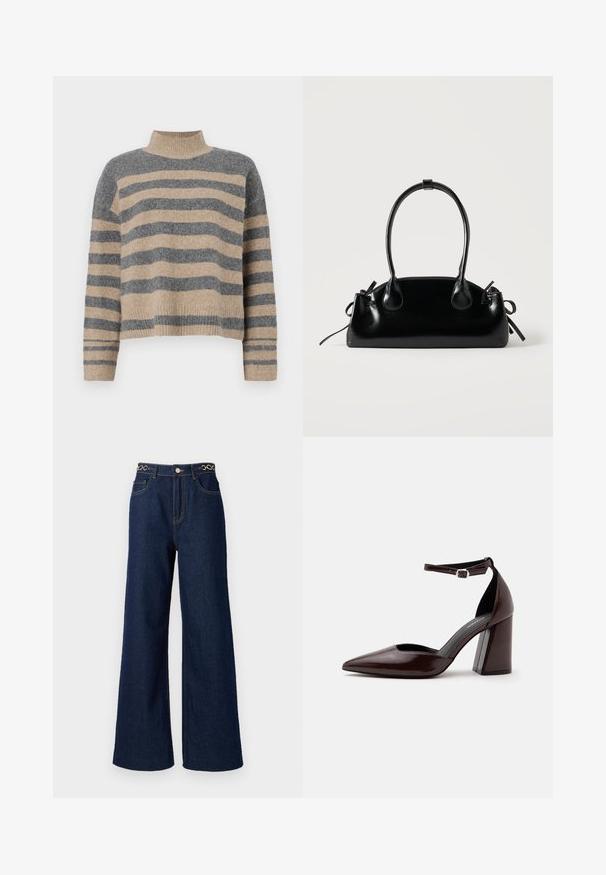 Suéter de punto a rayas en colores gris y beige, con cuello alto, mangas anchas con puños, y un corte relajado con un diseño recortado.; Los pantalones vaqueros de pierna ancha de denim azul oscuro cuentan con una cintura alta, acentos de cadena dorada en la pretina y detalles de costura en contraste a lo largo de la prenda.; Zapato de tacón alto de cuero marrón oscuro con punta puntiaguda, correa en el tobillo y hebilla plateada sobre fondo blanco.; Pequeño bolso negro brillante con dos asas largas y detalles de cordón lateral sobre un fondo claro liso.