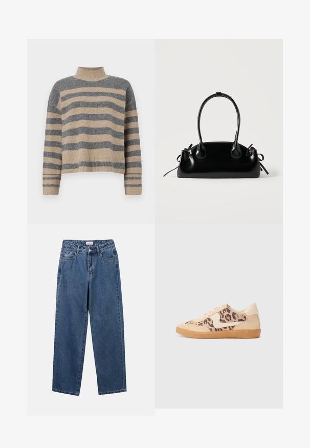 Suéter de punto a rayas en colores gris y beige, con cuello alto, mangas anchas con puños, y un corte relajado con un diseño recortado.; Jeans de mezclilla azul clásico con un diseño de pierna recta, cinco bolsillos y cierre de botón. Presenta un lavado medio y una textura resistente.; Zapatillas de leopardo con parte superior de ante beige, suela de goma marrón y acentos blancos. Punta redonda y diseño con cordones con un acabado texturado.; Pequeño bolso negro brillante con dos asas largas y detalles de cordón lateral sobre un fondo claro liso.