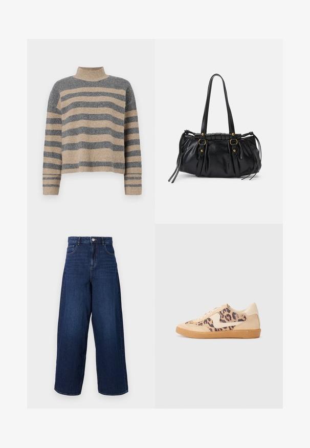 Suéter de punto a rayas en colores gris y beige, con cuello alto, mangas anchas con puños, y un corte relajado con un diseño recortado.; Pantalones vaqueros de denim oscuro de pernera ancha con una cintura alta, cinco bolsillos y cierre de botón. La tela tiene una textura suave con un ligero desgastado.; Zapatillas de leopardo con parte superior de ante beige, suela de goma marrón y acentos blancos. Punta redonda y diseño con cordones con un acabado texturado.; Bolso de mano de cuero negro con forma redondeada, asas dobles, acentos de hardware decorativo y detalles de lazo en los laterales. Textura lisa y brillante.