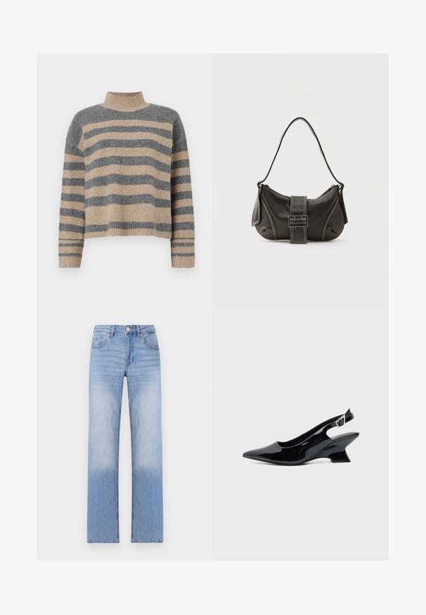 Gestreepte gebreide trui met grijze en beige kleuren, hoge hals, brede mouwen met manchetten en een relaxte pasvorm met een cropped ontwerp.; Lichtblauwe denim jeans met een rechte pijpdesign, kenmerkend door een vervaagde was aan de onderste helft en klassieke vijf-pocketstyling.; Zwarte lakleren slingback schoen met spitse neus en lage schuine blokhak op een effen lichte achtergrond.; Zwarte leren schoudertas met gespsluiting aan de riem, afgeronde hoeken en contrasterende witte stiksels op een effen achtergrond.