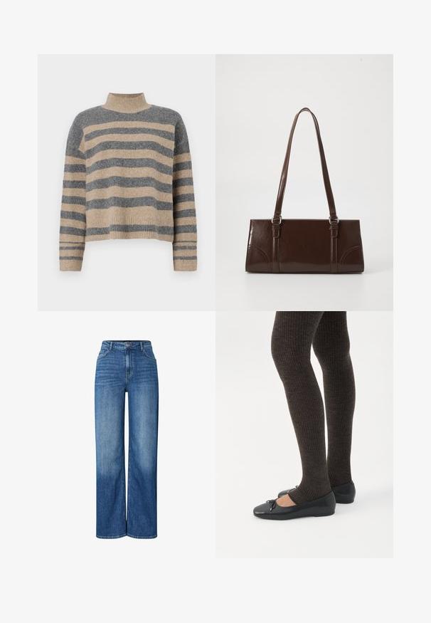 Suéter de punto a rayas en colores gris y beige, con cuello alto, mangas anchas con puños, y un corte relajado con un diseño recortado.; Jeans de mezclilla azul de pierna ancha con cintura alta, que presentan áreas desgastadas, diseño tradicional de cinco bolsillos y cierre de botón en la parte frontal.; Piernas con leggings oscuros acanalados combinados con bailarinas negras que presentan pequeños detalles de lazo sobre un fondo blanco.; Bolso de mano de piel sintética marrón con forma rectangular, dos asas largas y sutiles acentos curvados en la parte delantera.